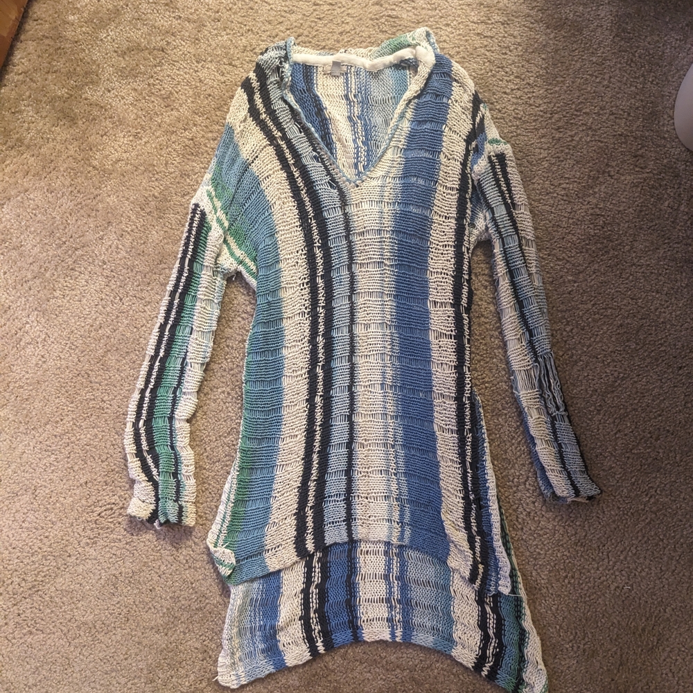 Urban Outfitters Striped Knit V-Neck Sweater With A Hood